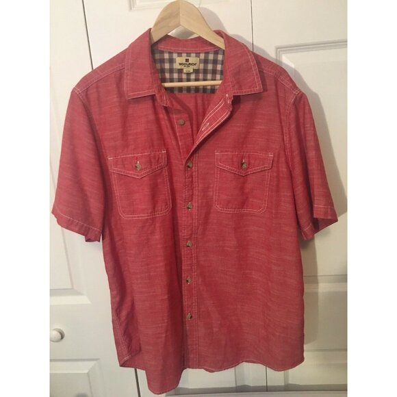 WOOLRICH Button Shirt ~‎ Men XL Red Short Sleeve Chambray Cotton Work Wear - Picture 4 of 6